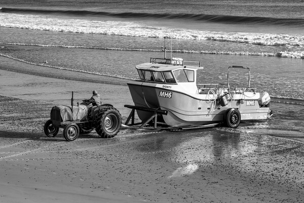 Redcar Beach Tractor Black and White Picture Board by Tim Hill