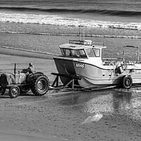 Buy canvas prints of Redcar Beach Tractor Black and White by Tim Hill