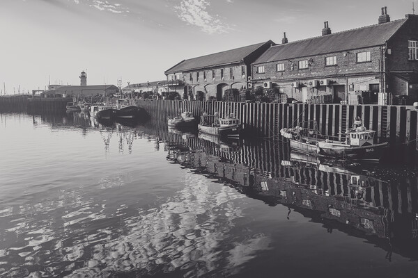 Scarborough Harbour Reflections Monochrome Picture Board by Tim Hill
