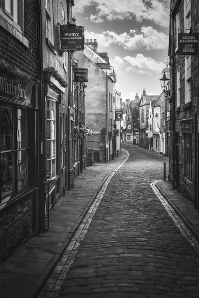 Whitby Shambles Black and White Picture Board by Tim Hill