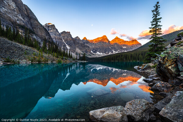 Moraine lake at golden hour. Picture Board by Gunter Nuyts