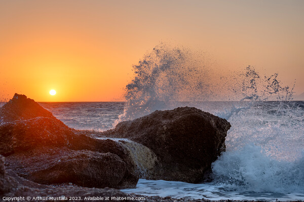 Sea waves crushing and splashing on the rocks in beautiful warm  Picture Board by Arthur Mustafa