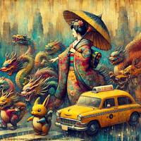 Buy canvas prints of asian woman wear traditional dress walk rainy city skyline stop taxi cab year of the chinese dragon by Augusto Colombo