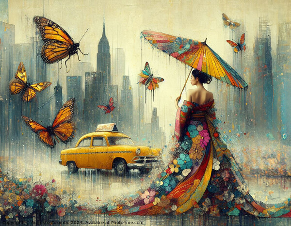 asian woman wear traditional dress walk rainy city skyline stop taxi cab year of the chinese dragon Picture Board by Augusto Colombo