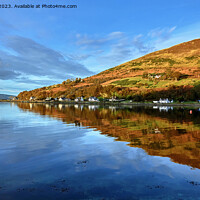 Buy canvas prints of Reflections on Lochranza Bay, Arran. by Jim Allan