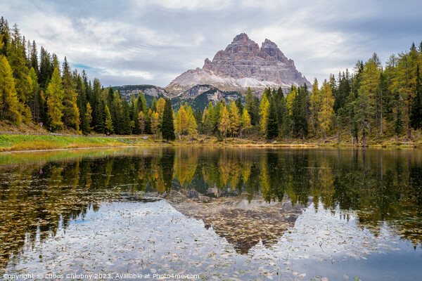 Tre Cime di Lavaredo peaks and Lake Antorno with sky reflection  Picture Board by Lubos Chlubny