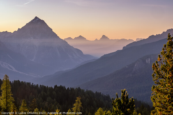 Sunrise over alpine peaks and The Tofane Group in the Dolomites, Italy, Europe Picture Board by Lubos Chlubny