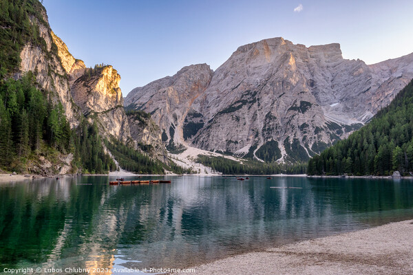 Peaceful alpine lake Braies in Dolomites mountains. Lago di Braies, Italy, Europe. Scenic image of Italian Alps. Picture Board by Lubos Chlubny
