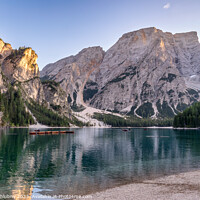 Buy canvas prints of Peaceful alpine lake Braies in Dolomites mountains. Lago di Braies, Italy, Europe. Scenic image of Italian Alps. by Lubos Chlubny
