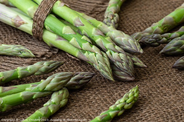 Raw garden asparagus stems. Fresh green spring vegetables on wooden background. (Asparagus officinalis). Picture Board by Lubos Chlubny