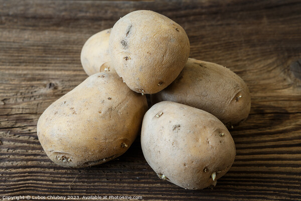 Pile of raw potatoes on rustic wooden table Picture Board by Lubos Chlubny
