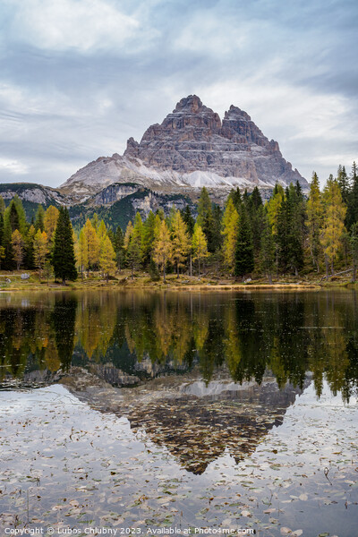 Tre Cime di Lavaredo peaks and Lake Antorno with sky reflection  Picture Board by Lubos Chlubny