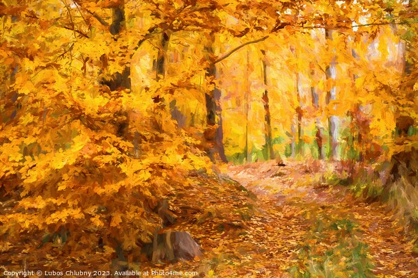Oil painting autumn landscape with autumn leaves in forest. Picture Board by Lubos Chlubny
