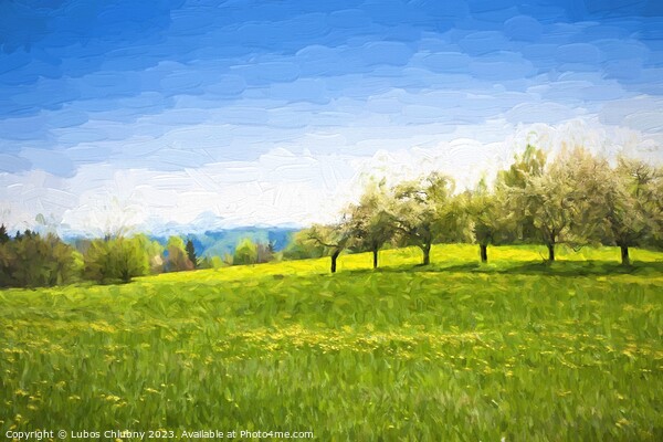 Oil painting spring landscape - green meadow and fruit trees. Original oil painting on canvas. Picture Board by Lubos Chlubny