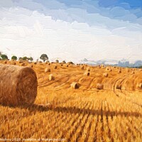 Buy canvas prints of Oil painting summer landscape - hay bales on the field after harvest.  by Lubos Chlubny