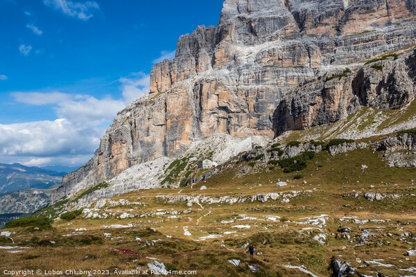 Male mountain climber on a Via Ferrata in breathtaking landscape of Dolomites Mountains in Italy. Travel adventure concept. Picture Board by Lubos Chlubny