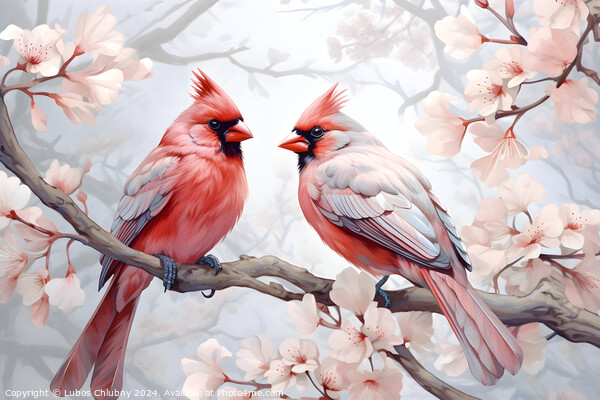 Pair of red birds Northern Cardinals in spring nature. Pastel color style in pink tones - Generative AI Picture Board by Lubos Chlubny