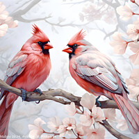 Buy canvas prints of Pair of red birds Northern Cardinals in spring nature. Pastel color style in pink tones - Generative AI by Lubos Chlubny