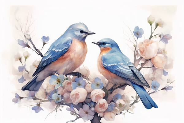 Pair of blue birds in spring nature. Pastel color style in blue tones - Generative AI Picture Board by Lubos Chlubny