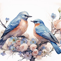 Buy canvas prints of Pair of blue birds in spring nature. Pastel color style in blue tones - Generative AI by Lubos Chlubny