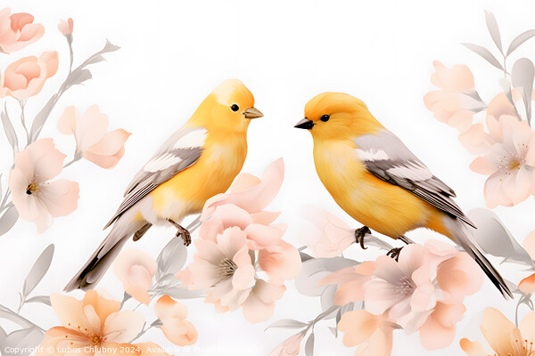 Pair of yellow birds in spring nature. Pastel color style in pink tones - Generative AI Picture Board by Lubos Chlubny