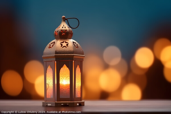 Ornamental Arabic lantern with burning candle glowing at night. Muslim holy month Ramadan Kareem. Generative AI Picture Board by Lubos Chlubny
