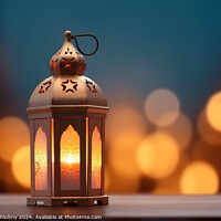 Buy canvas prints of Ornamental Arabic lantern with burning candle glowing at night. Muslim holy month Ramadan Kareem. Generative AI by Lubos Chlubny