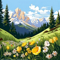 Buy canvas prints of Spring in the mountains of the Italian Dolomites. Cartoon landscape with nature. Generative AI by Lubos Chlubny