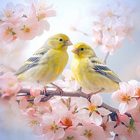 Buy canvas prints of Pair of yellow birds in spring nature. Pastel color style in pink tones - Generative AI by Lubos Chlubny