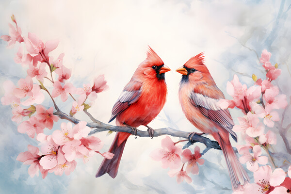 Pair of red birds Northern Cardinals in spring nature. Pastel color style in pink tones - Generative AI Picture Board by Lubos Chlubny