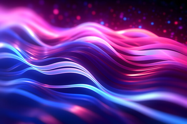 Abstract futuristic background with pink blue glowing neon moving wave lines and bokeh lights. Generative AI Picture Board by Lubos Chlubny