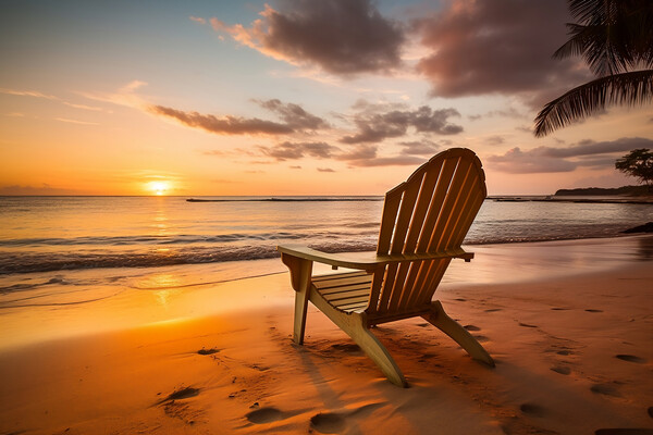 Beach chair on tropical beach at sunset. Generative AI Picture Board by Lubos Chlubny