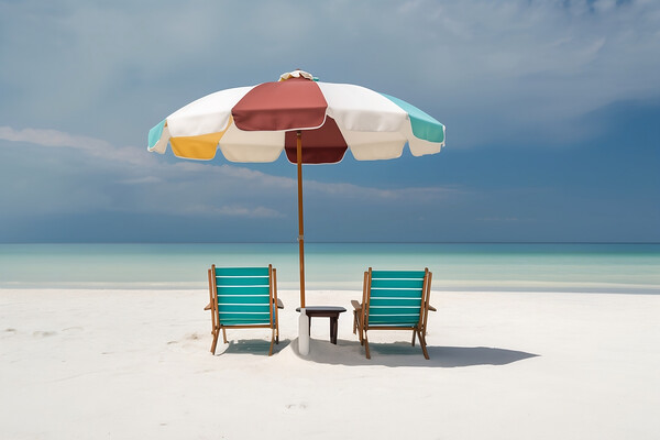 Beach chairs and umbrella on a white sandy beach. Generative AI Picture Board by Lubos Chlubny