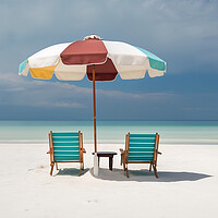 Buy canvas prints of Beach chairs and umbrella on a white sandy beach. Generative AI by Lubos Chlubny