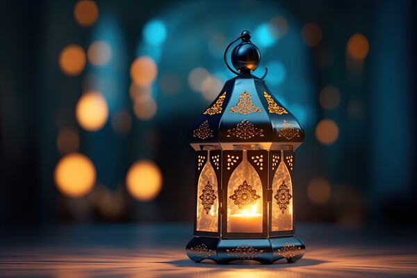 Ornamental Arabic lantern with burning candle glowing at night. Muslim holy month Ramadan Kareem. Generative AI Picture Board by Lubos Chlubny