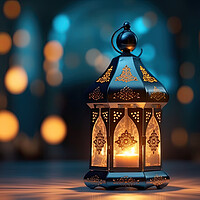 Buy canvas prints of Ornamental Arabic lantern with burning candle glowing at night. Muslim holy month Ramadan Kareem. Generative AI by Lubos Chlubny