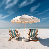 Buy canvas prints of Beach chairs and umbrella on a white sandy beach. Generative AI by Lubos Chlubny