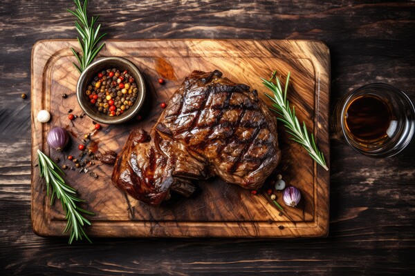 Grilled meat barbecue steak on wooden cutting board with rosemary and copy space. Top view. Picture Board by Lubos Chlubny