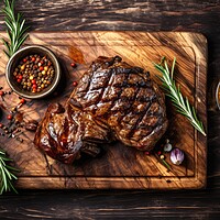 Buy canvas prints of Grilled meat barbecue steak on wooden cutting board with rosemary and copy space. Top view. by Lubos Chlubny