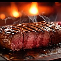 Buy canvas prints of Beef steak on the grill with smoke and flames. Generative AI by Lubos Chlubny