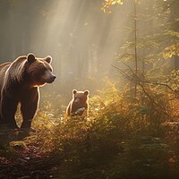 Buy canvas prints of Bear with cubs in the forest and sun rays shining through the trees. Generative AI by Lubos Chlubny