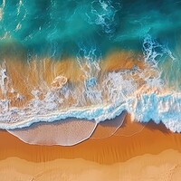 Buy canvas prints of Top view of ocean waves on sandy beach landscape. Beautiful seascape background. Generative AI by Lubos Chlubny