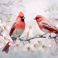 Buy canvas prints of Pair of red birds Northern Cardinals in spring nature. Pastel color style in pink tones - Generative AI by Lubos Chlubny