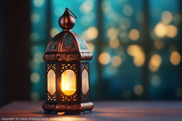 Ornamental Arabic lantern with burning candle glowing at night. Muslim holy month Ramadan Kareem. Digital art Picture Board by Lubos Chlubny