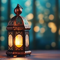 Buy canvas prints of Ornamental Arabic lantern with burning candle glowing at night. Muslim holy month Ramadan Kareem. Digital art by Lubos Chlubny