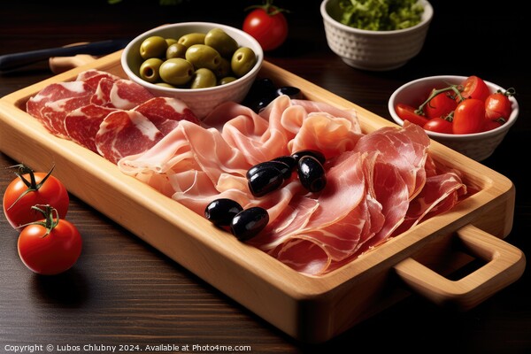 Wooden tray with prosciutto, tomatoes and black olives. Generative AI Picture Board by Lubos Chlubny