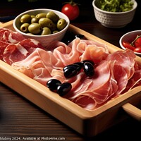 Buy canvas prints of Wooden tray with prosciutto, tomatoes and black olives. Generative AI by Lubos Chlubny
