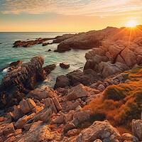 Buy canvas prints of Colorful morning scene of Sardinia, Italy, Europe. Fantastic sunrise on Capo San Marco Lighthouse on Del Sinis peninsula. Generative AI by Lubos Chlubny