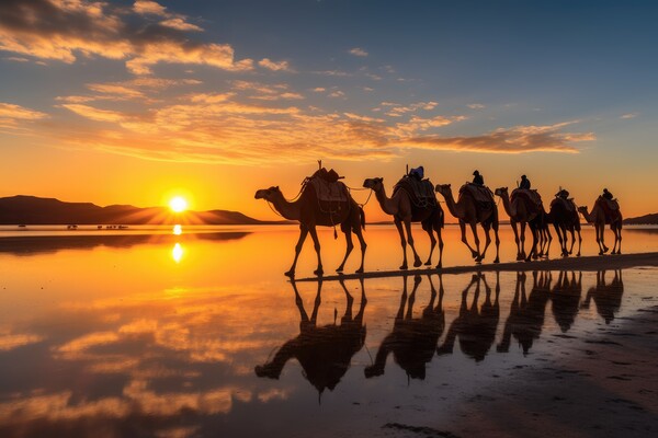 Caravan of camels on the salt lake at sunrise. Generative AI Picture Board by Lubos Chlubny