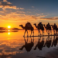 Buy canvas prints of Caravan of camels on the salt lake at sunrise. Generative AI by Lubos Chlubny